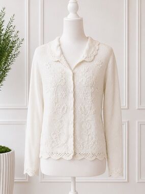 Heirloom Collectibles Embroidered Ramie Cotton Cardigan Sweater Cottagecore Boho